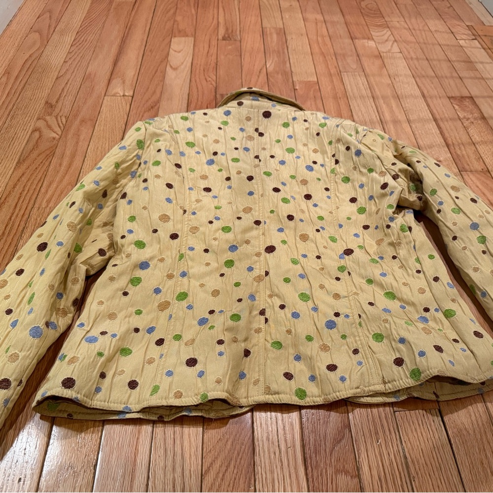 Chic Yellow Tan Green Blue Polka Dot Blazer fabric buttons - Picture 5 of 8